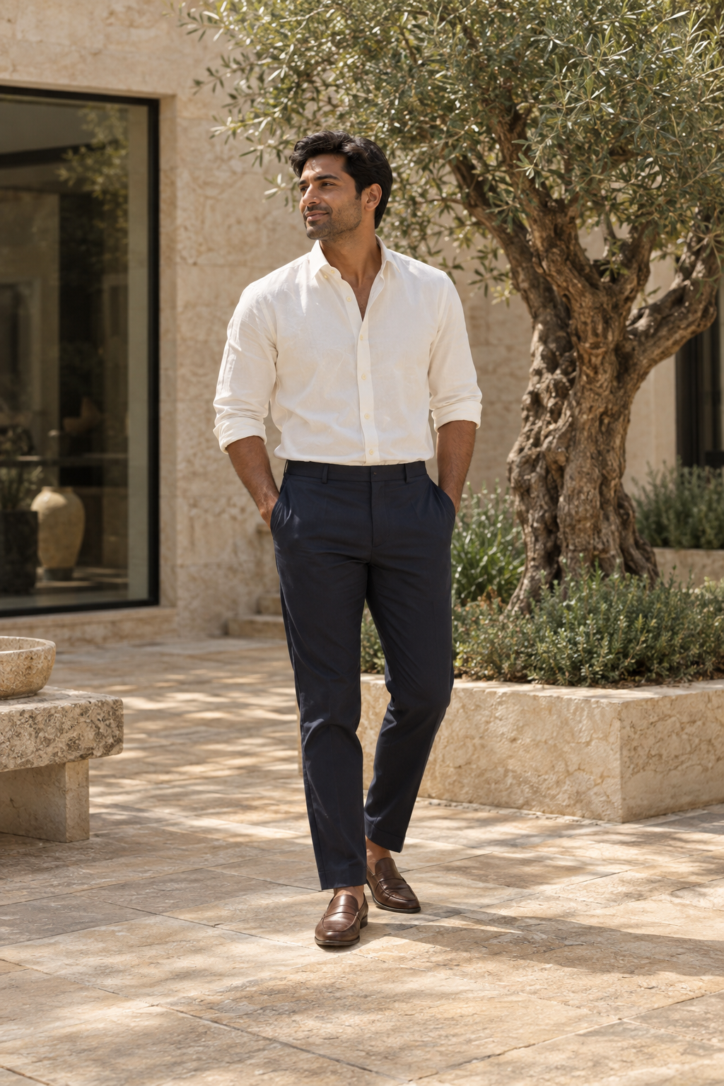AI-created editorial image of a man wearing an ivory shirt, navy trousers, and brown loafers.
