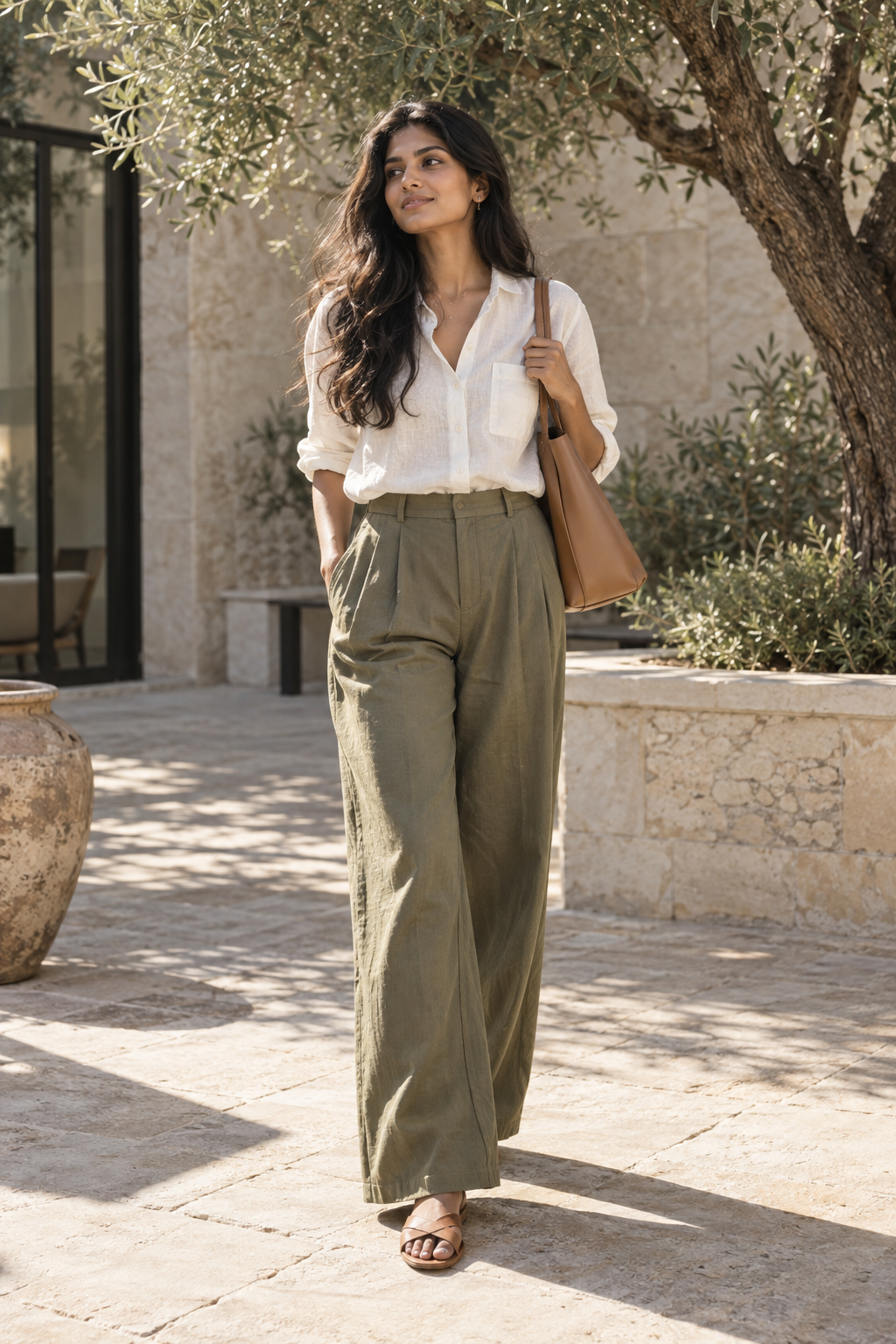 An AI-created editorial image of a woman wearing an ivory shirt, sage trousers, and a tan bag in a sunlit courtyard.
